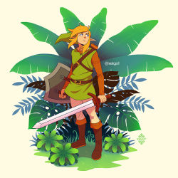 Rule 34 | 1boy, artist name, blonde hair, blue eyes, boots, brown footwear, brown pants, brown shirt, full body, green headwear, green shirt, holding, holding shield, holding sword, holding weapon, knee boots, link, long sleeves, looking up, male focus, medium hair, nintendo, pants, plant, pointy ears, shield, shirt, solo, standing, sword, the legend of zelda, the legend of zelda: link&#039;s awakening, tunic, weapon, xelgot