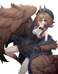 Rule 34 | 1girl, absurdres, aoaoaoao (baiyanheibing), beret, black bow, black skirt, blue hat, blue jacket, bow, breasts, brown eyes, brown hair, brown wings, chinese commentary, clover theater, commentary request, feathered wings, glasses, hair ornament, hairpin, harpy, hat, high-waist skirt, highres, jacket, long hair, looking at viewer, medium breasts, monster girl, norris (clover theater), semi-rimless eyewear, shirt, skirt, sleeveless, sleeveless shirt, solo, thick eyebrows, white background, white shirt, winged arms, wings