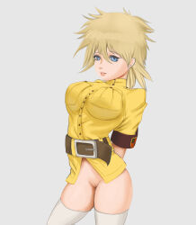 Rule 34 | arms behind back, belt, belt buckle, blonde hair, blue eyes, bottomless, breasts, buckle, buttons, censored, cleft of venus, cowboy shot, feet out of frame, hellsing, highres, large breasts, lips, mosaic censoring, parted lips, pussy, seras victoria, shirt, short hair, simple background, standing, storm92, thighhighs, thighs, white background, white shirt, white thighhighs