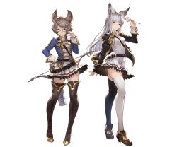 Rule 34 | 10s, 2girls, adjusting eyewear, animal ears, belt, black legwear, boots, bow (weapon), breasts, brown eyes, brown hair, detached sleeves, erune, feathers, full body, glasses, granblue fantasy, hair ornament, hairclip, hand on own hip, jacket, korwa, long hair, looking at viewer, medium breasts, minaba hideo, multiple girls, musical note, official art, open clothes, open jacket, quaver, quill, school uniform, short hair, silver hair, skirt, smile, standing, sutera (granblue fantasy), thigh boots, thighhighs, thighhighs under boots, transparent background, weapon, white legwear, zettai ryouiki