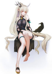 Rule 34 | 1girl, absurdly long hair, absurdres, arknights, bare legs, bare shoulders, barefoot, bird, black one-piece swimsuit, breasts, commentary, feet, full body, hair between eyes, highres, horns, infection monitor (arknights), koi0806, large breasts, long hair, looking at viewer, official alternate costume, one-piece swimsuit, orange eyes, parted lips, pointy ears, shining (arknights), shining (silent night) (arknights), shoes, silver hair, simple background, single shoe, smile, solo, swimsuit, thigh strap, thighs, very long hair, white background