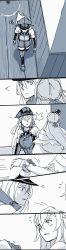 Rule 34 | !, 10s, 2girls, bare shoulders, bismarck (kancolle), blue theme, blush, braid, bumping, comic, crown, dress, elbow gloves, eye contact, flying sweatdrops, french braid, gloves, greyscale, hair between eyes, hair ribbon, hairband, hallway, hat, highres, holding another&#039;s wrist, kantai collection, long hair, long sleeves, looking at another, military, military hat, military uniform, mini crown, monochrome, multiple girls, off-shoulder dress, off shoulder, peaked cap, ribbon, shaded face, sleeveless, squiggle, straight hair, uniform, walking, wall, warspite (kancolle), weidashming, wooden floor