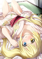 Rule 34 | 1girl, alternate costume, blonde hair, blue eyes, blush, collarbone, commentary, dutch angle, floral print, full body, futon, hair between eyes, hair spread out, hand up, heterochromia, indoors, japanese clothes, kimono, knees up, long hair, long sleeves, looking at viewer, lying, nakatsu shizuru, nose blush, on back, open mouth, print kimono, rewrite, shy, sidelocks, solo, tatami, thighs, twintails, upside-down, white kimono, wide sleeves, yellow eyes, yukimi kazusa