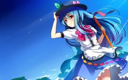 Rule 34 | 1girl, adjusting clothes, adjusting headwear, arm up, black hat, blue dress, blue hair, blue skirt, blush, bow, bowtie, buttons, cowboy shot, dress, dress shirt, food, frilled skirt, frills, fruit, hat, hinanawi tenshi, leaf, long hair, looking at viewer, noe noel, one-hour drawing challenge, peach, puffy short sleeves, puffy sleeves, rainbow gradient, rainbow order, red bow, red bowtie, red eyes, shirt, short sleeves, skirt, sky, smile, solo, sunlight, sword of hisou, touhou, very long hair, wallpaper, white shirt, wing collar