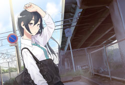 Rule 34 | 1girl, aqua necktie, arm up, bag, black hair, black skirt, bridge, chain-link fence, closed mouth, collared shirt, day, dutch angle, fence, from side, grey eyes, hair between eyes, long hair, long sleeves, looking at viewer, morifumi, necktie, original, outdoors, pleated skirt, school bag, school uniform, shirt, shoulder bag, sign, skirt, solo, striped, striped necktie, striped neckwear, upper body, white shirt