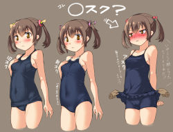 Rule 34 | 1girl, :&lt;, arms behind back, arrow (symbol), assisted exposure, blue one-piece swimsuit, blush, breasts, brown hair, casual one-piece swimsuit, clothes lift, comparison, competition school swimsuit, covered erect nipples, covered navel, cowboy shot, cropped legs, embarrassed, evolution, frilled swimsuit, frills, from side, frown, grey background, grey hair, hair bobbles, hair ornament, hair ribbon, hand on own chest, imazon, looking at viewer, navel, nontraditional school swimsuit, nose blush, old school swimsuit, one-piece swimsuit, orange eyes, original, ribbon, school swimsuit, short hair, short twintails, simple background, skirt, skirt lift, small breasts, standing, swimsuit, swimsuit skirt, tears, translation request, twintails, yellow eyes
