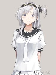 Rule 34 | 1girl, adapted costume, black sailor collar, dated, grey background, grey eyes, kantai collection, kawashina (momen silicon), long hair, looking at viewer, neckerchief, one side up, pleated skirt, sailor collar, school uniform, serafuku, silver hair, simple background, skirt, solo, suzutsuki (kancolle), translated, white neckerchief, white skirt