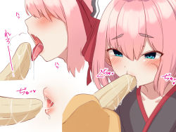 Rule 34 | aqua eyes, banana, blush, character request, collarbone, food, fruit, hair ribbon, highres, licking, lips, magowasabi, multiple views, open mouth, pink hair, ribbon, saliva, sexually suggestive, tagme, tongue, tongue out, white background