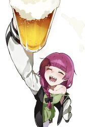 Rule 34 | 1girl, :d, alcohol, beer, beer mug, blunt bangs, blush, bocchi the rock!, bow, braid, closed eyes, cup, dress, ehum3588, from above, geta, green dress, hair bow, highres, hiroi kikuri, holding, holding cup, jacket, long hair, long sleeves, mug, multicolored clothes, multicolored jacket, open clothes, open jacket, open mouth, purple hair, sharp teeth, single braid, smile, standing, teeth, two-tone jacket, white background