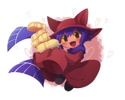 Rule 34 | 1other, absurdres, animal hat, blue hair, blue scarf, blush, brown tunic, cat hat, fangs, food, haippp, hat, heart, highres, long sleeves, niko (oneshot), oneshot (game), open mouth, pancake, scarf, whiskers