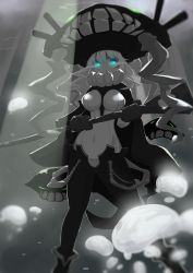 Rule 34 | 10s, 1girl, abyssal ship, bodysuit, breasts, cowboy shot, glowing, glowing eyes, holding, kantai collection, kion-kun, large breasts, light rays, looking at viewer, monochrome, serious, solo, spot color, staff, underwater, white hair, wo-class aircraft carrier