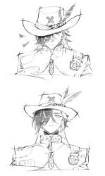 Rule 34 | 1boy, boothill (honkai: star rail), closed mouth, ear piercing, earrings, greyscale, hair over one eye, hat, hat feather, highres, honkai: star rail, honkai (series), jewelry, long hair, looking at viewer, male focus, monochrome, multicolored hair, piercing, police badge, simple background, solo, split-color hair, tuzaixia, two-tone hair, zipper