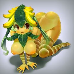 Rule 34 | 1girl, alraune, ass, banana, breasts, brown eyes, colored skin, food, fruit, green hair, leaf, monster girl, nijitama shiyushiyu, nipples, nude, original, personification, plant girl, puffy nipples, short twintails, solo, tree, twintails, yellow skin