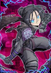 Rule 34 | 1girl, animification, apex legends, artist name, black bodysuit, black hair, blue eyes, bodysuit, clenched hand, electricity, frown, gloves, grey gloves, grey scarf, hair bun, head tilt, holding, holding knife, hope&#039;s dusk (apex legends), knife, kunai, looking at viewer, mutsuki riichi, parted bangs, scarf, single hair bun, solo, v-shaped eyebrows, weapon, wraith (apex legends)