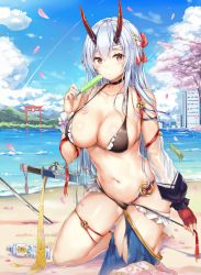Rule 34 | 1girl, absurdres, arm strap, bare shoulders, barefoot, beach, bikini, black bikini, blue sky, blush, bottle, bow, breasts, building, cherry blossoms, choker, cleavage, cloud, collarbone, covered erect nipples, day, detached sleeves, fate/grand order, fate (series), fingerless gloves, food, frilled bikini, frills, gloves, groin, hair between eyes, hair ribbon, halterneck, headband, highres, holding, holding food, horns, kiriko (araragikoyomi), kneeling, large breasts, long hair, looking at viewer, navel, ocean, oni horns, outdoors, petals, ponytail, popsicle, red bow, red eyes, red gloves, red ribbon, ribbon, sheath, silver hair, single detached sleeve, single fingerless glove, skindentation, sky, solo, stomach, swimsuit, sword, thigh strap, thighs, tomoe gozen (fate), torii, untied bikini, very long hair, weapon, wrist ribbon