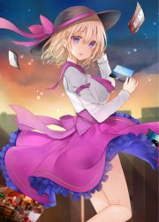 Rule 34 | 1girl, alternate headwear, black hat, blonde hair, blouse, blue sky, blush, bow, breasts, circle skirt, feet out of frame, from side, gradient sky, hair between eyes, hand in own hair, hand up, hat, hat bow, holding, holding photo, juliet sleeves, large breasts, lens flare, long sleeves, looking at viewer, maribel hearn, natsuki (ukiwakudasai), orange sky, outdoors, parted lips, petticoat, photo (object), puffy sleeves, purple bow, purple eyes, purple sailor collar, purple skirt, sailor collar, shirt, short hair, skirt, sky, solo, star (sky), starry sky, sunset, thighs, touhou, white shirt, wind, wind lift