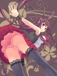 Rule 34 | 1girl, animal ears, ass, black thighhighs, blush, breasts, brown hair, from below, ichiro, ichirou (b-led), impossible clothes, impossible shirt, kneepits, lace, lace-trimmed legwear, lace trim, large breasts, leaning forward, long hair, original, panties, pantyshot, petticoat, pleated skirt, purple eyes, rabbit ears, ribbon, shirt, skirt, solo, thighhighs, trefoil, underwear, upskirt, very long hair, wrist ribbon