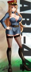 Rule 34 | 10s, 1girl, 2016, artist name, belt, blonde hair, blush, boots, breasts, cleavage, french text, garter straps, hand on own hip, hat, highres, hip focus, lace, lace-trimmed legwear, lace trim, large breasts, long hair, military, military uniform, military vehicle, motor vehicle, no bra, smile, solo, standing, tagme, tank, tattoo, text focus, thighhighs, uniform, very long hair, world of tanks, yellow eyes, zettai ryouiki