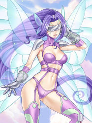 Rule 34 | 1girl, absurdres, arm up, ass, belt, bikini, blue sky, boots, breasts, butterfly hair ornament, butterfly wings, cleavage, cloud, commentary, covered eyes, cowboy shot, curvy, digimon, digimon (creature), elbow gloves, english commentary, facial mark, fairimon, fairy, fairy wings, floating hair, garter straps, gloves, hair ornament, highres, insect wings, light particles, long hair, medium breasts, midriff, navel, parted bangs, parted lips, purple belt, purple bikini, purple footwear, purple hair, revealing clothes, shiny skin, shoulder pads, skindentation, sky, smile, solo, swimsuit, thigh boots, thong, titiartwork, visor, white gloves, wide hips, wings