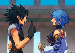 Rule 34 | 1boy, 1girl, aqua (kingdom hearts), armor, bare shoulders, belt, black gloves, black hair, blue hair, blue shirt, breasts, chest strap, colosseum, dated, detached sleeves, final fantasy, final fantasy vii, fingerless gloves, gloves, grey gloves, hair between eyes, hair slicked back, halterneck, kingdom hearts, kingdom hearts birth by sleep, looking at another, medium breasts, medium hair, open mouth, parted bangs, pointing, profile, shirt, shoulder armor, skyloop19, sleeveless, sleeveless turtleneck, smile, spiked hair, sweatdrop, teeth, turtleneck, twitter username, upper body, upper teeth only, wide-eyed, zack fair