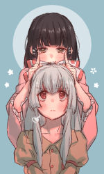 Rule 34 | 2girls, black hair, blue background, blush, bow, brown eyes, brown shirt, circle, commentary request, frilled sleeves, frills, fujiwara no mokou, hair bow, hands up, highres, houraisan kaguya, index fingers raised, juliet sleeves, long hair, long sleeves, looking at viewer, masanaga (tsukasa), multiple girls, pink shirt, puffy sleeves, red eyes, shirt, sidelocks, silver hair, simple background, smile, touhou, upper body, white bow