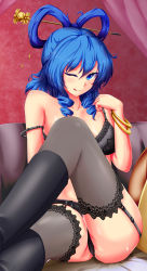 Rule 34 | 1girl, ;d, absurdres, black footwear, blue eyes, blue hair, boots, bra, come hither, garter straps, hair ornament, hair rings, hair stick, highres, hyoumon (saihokutan), kaku seiga, knee boots, lace, lace-trimmed bra, lace-trimmed legwear, lace trim, licking lips, looking at viewer, matching hair/eyes, one eye closed, open mouth, panties, seductive smile, short hair, smile, solo, strap slip, thighhighs, tongue, tongue out, touhou, underwear, underwear only