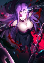 Rule 34 | 1girl, aimusu1208, blindfold, blood, breasts, cleavage, facial mark, fate/stay night, fate (series), forehead, forehead mark, highres, injury, large breasts, long hair, looking at viewer, medusa (fate), medusa (rider) (fate), nameless dagger (fate), purple eyes, purple hair, solo, torn clothes
