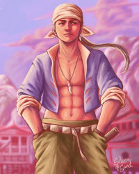 Rule 34 | 1boy, abs, absurdres, architecture, bandana, belt, black hair, blue shirt, blurry, blurry background, brown eyes, chinese clothes, cloud, cloudy sky, earrings, east asian architecture, expressionless, green pants, hands in pockets, highres, jewelry, knife, knife sheath, long hair, looking to the side, male focus, mountain, mountainous horizon, muscular, muscular male, navel, necklace, outdoors, pants, pectorals, ponytail, purple sky, ren wu ying, sega, sheath, shenmue, shenmue iii, shirt, sideburns, signature, sketch, sky, sleeves rolled up, sliverofsand, solo, sunset, tooth earrings, tooth necklace, two-sided fabric, white bandana