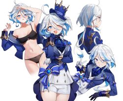Rule 34 | 1girl, absurdres, ahoge, arm up, ascot, asymmetrical gloves, bare shoulders, black bra, black gloves, blue ascot, blue bow, blue brooch, blue eyes, blue hair, blue headwear, blush, bow, bra, breasts, cleavage, collarbone, cowboy shot, furina (genshin impact), genshin impact, gloves, hat, heianjian, heterochromia, highres, light blue hair, long hair, looking at viewer, medium breasts, mismatched gloves, multicolored hair, multiple views, navel, one eye closed, open mouth, panties, short hair, shorts, simple background, single bare arm, smile, standing, stomach, streaked hair, teeth, top hat, two-tone hair, underwear, upper teeth only, v, white background, white gloves, white hair, white shorts