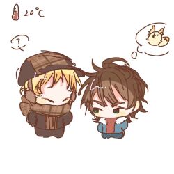 Rule 34 | 2boys, ?, atou haruki, blonde hair, blue jacket, blue pants, brown hair, brown hat, brown jacket, brown pants, brown sweater, chibi, chinese commentary, closed eyes, commentary request, earmuffs, fur-trimmed jacket, fur trim, green eyes, hat, highres, isoi reiji, jacket, male focus, multiple boys, no mouth, no nose, open clothes, open jacket, pants, red shirt, ribbed sweater, saibou shinkyoku, shiqu shanchuan, shirt, short hair, sketch, spoken question mark, sweater