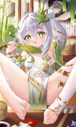 Rule 34 | 1girl, absurdres, barefoot, fan, feet, genshin impact, green eyes, highres, jndfh, long hair, looking at viewer, nahida (genshin impact), open mouth, pointy ears, side ponytail, single thighhigh, soles, thighhighs, toeless legwear, toes, white hair