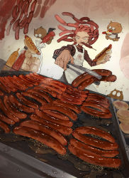 Rule 34 | 1girl, 3others, apron, bag, bottle, bright pupils, cooking, demizu posuka, eating, food, food focus, food in mouth, grey eyes, highres, holding, holding bottle, holding food, holding tongs, hot dog, hot dog bun, ketchup, ketchup bottle, long hair, long sleeves, meat, multiple others, mustard, mustard bottle, original, red hair, sausage, shirt, standing, striped clothes, striped shirt, tongs, white pupils