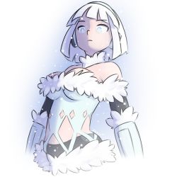 Rule 34 | 1girl, bad id, bad tumblr id, bare shoulders, blue eyes, borrowed character, breasts, detached collar, elbow gloves, fur trim, gloves, headphones, large breasts, original, short hair, soap-monster, solo, upper body, white hair