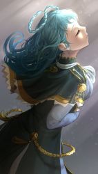 Rule 34 | 1girl, blue hair, breasts, capelet, dress, closed eyes, fire emblem, fire emblem: three houses, from side, hair down, highres, ippers, large breasts, long hair, marianne von edmund, nintendo, solo, sunlight