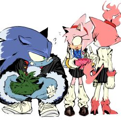 Rule 34 | 1boy, 2girls, absurdres, amy rose, animal ears, blaze the cat, blue fur, burning blaze, cat ears, cat girl, cat tail, diamondx1704, fang, furry, furry female, furry male, gloves, green eyes, highres, leg warmers, multiple girls, open mouth, pink fur, pleated skirt, red eyes, school uniform, simple background, skirt, smile, sonic (series), sonic the hedgehog, sonic the werehog, squatting, super amy rose, tail, white background, white gloves