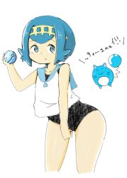 Rule 34 | 1girl, artist request, bare shoulders, black one-piece swimsuit, blue eyes, blue hair, blue sailor collar, blush, collarbone, creatures (company), cropped legs, female focus, game freak, gen 2 pokemon, hair ornament, hand up, headband, holding, holding poke ball, lana (pokemon), leaning forward, looking to the side, marill, matching hair/eyes, nintendo, one-piece swimsuit, poke ball, pokemon, pokemon (creature), pokemon sm, sailor collar, shirt, short hair, simple background, sleeveless, sleeveless shirt, solo focus, standing, swimsuit, swimsuit under clothes, text focus, translation request, white background, white shirt