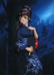 Rule 34 | 1990s (style), 1girl, against tree, animal print, bird print, blue kimono, blue seed, blue theme, fujimiya momiji, hair ornament, hair scrunchie, hand fan, highres, holding, holding fan, japanese clothes, kimono, long sleeves, looking away, night, obi, official art, outdoors, paper fan, parted lips, retro artstyle, sash, scan, scrunchie, solo, tree, uchiwa