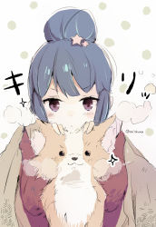 Rule 34 | 1girl, animal, black hair, blush, chihuahua, chikuwa (yurucamp), closed mouth, commentary request, dog, hair bun, hair ornament, hands up, highres, jacket, long sleeves, looking at viewer, mito (go!go!king!), polka dot, polka dot background, red eyes, red jacket, shima rin, single hair bun, star (symbol), star hair ornament, translation request, twitter username, v-shaped eyebrows, white background, yurucamp