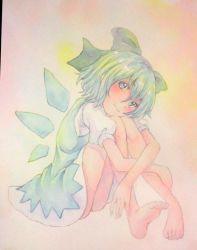 Rule 34 | 1girl, 3:, acrylic paint (medium), barefoot, blue eyes, blue hair, bow, cirno, dress, graphite (medium), hair bow, highres, hugging own legs, ice, ice wings, matching hair/eyes, painting (medium), short hair, sitting, solo, touhou, traditional media, watercolor (medium), wings, yuyu (00365676)