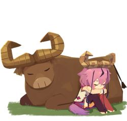 Rule 34 | 1other, animal, asymmetrical legwear, barefoot, black legwear, blouse, bridal legwear, buffalo, chibi, commentary, crossed arms, closed eyes, fake horns, grass, head rest, highres, horns, japanese clothes, konohoshi, long hair, meika hime, miniskirt, mismatched legwear, papercraft, pink hair, red legwear, red skirt, shirt, simple background, single bare arm, sitting, skirt, sleeping, sleeveless, sleeveless shirt, symbol-only commentary, tail, thighhighs, very long hair, vocaloid, white background, white shirt