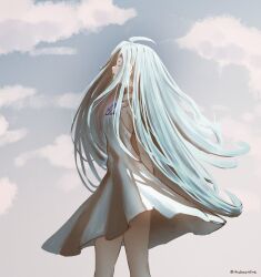 Rule 34 | 1girl, absurdly long hair, absurdres, arms behind back, blue hair, choker, closed eyes, cloud, dress, from side, gem, granblue fantasy, highres, itsukaonline, light blue hair, long hair, lyria (granblue fantasy), muted color, open mouth, outdoors, ribs, sky, sleeveless, sleeveless dress, solo, standing, very long hair, white dress