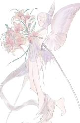 Rule 34 | 1girl, bare legs, barefoot, bouquet, closed eyes, feathered wings, flower, from side, holding, holding bouquet, opood, original, pink flower, pink wings, profile, short hair, simple background, solo, standing, standing on one leg, white background, wings