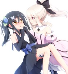 Rule 34 | 2girls, :d, :o, artoria pendragon (fate), bare shoulders, black dress, black gloves, black hair, blonde hair, blush, bow, butterfly hair ornament, carrying, cosplay, couple, detached collar, detached sleeves, dress, elbow gloves, eye contact, fate/kaleid liner prisma illya, fate (series), female focus, flat chest, flower, gloves, goribote, hair bow, hair flower, hair ornament, hairclip, illyasviel von einzbern, looking at another, miyu edelfelt, multiple girls, open mouth, ponytail, princess carry, puffy detached sleeves, puffy sleeves, saber (fate), saber lily, saber lily (cosplay), shy, side ponytail, silver hair, sleeveless, sleeveless dress, smile, yellow eyes, yuri