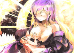 Rule 34 | 1boy, 1girl, age difference, ast, ast (artist), baby, bad id, bad pixiv id, bare shoulders, breast slip, breastfeeding, breasts, closed eyes, commentary, dress, gradient hair, hijiri byakuren, large breasts, long hair, multicolored hair, one breast out, open clothes, parted lips, smile, touhou