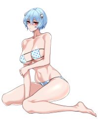 Rule 34 | 1girl, absurdres, aged up, alternate breast size, ayanami rei, bare shoulders, barefoot, between legs, bikini, blue hair, blush, breasts, commentary request, commission, dogs (dlrkdejr26), feet, full body, hair ornament, hand between legs, highres, korean commentary, large breasts, light blue hair, long hair, looking at viewer, mature female, medium hair, navel, neon genesis evangelion, parted lips, polka dot, polka dot bikini, red eyes, sitting, solo, swimsuit, thighs, transparent background, very long hair, wariza