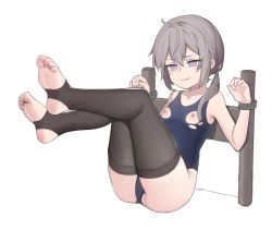 Rule 34 | absurdres, ahoge, bad id, bad pixiv id, bare shoulders, blue one-piece swimsuit, bound, bound wrists, brown thighhighs, clenched teeth, feet up, flat chest, girls&#039; frontline, grey hair, hair over shoulder, hands up, highres, lan mao akko, long hair, m200 (girls&#039; frontline), nipple cutout, one-piece swimsuit, purple eyes, restrained, school swimsuit, simple background, sitting, solo, stirrup legwear, swimsuit, tears, teeth, thighhighs, toeless legwear, toenails, toes, torn clothes, torn swimsuit, white background