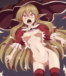 Rule 34 | 1girl, absurdres, blonde hair, breasts, clam curry, hat, highres, knights in the nightmare, nude, red eyes, torn clothes, witch (knights in the nightmare), witch hat
