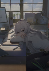 Rule 34 | 1girl, absurdres, belt, black pants, book, breasts, bronya zaychik, bronya zaychik (silverwing: n-ex), chinese commentary, commentary request, cowboy shot, crossed arms, desk, desk lamp, gold belt, grey eyes, grey hair, highres, honkai (series), honkai impact 3rd, keyboard (computer), lamp, long hair, looking at viewer, lying, marker, medium breasts, midriff, monitor, muted color, nib pen (object), notebook, pants, pen, pencil case, ponytail, shirt, sitting, solo, white shirt, window, wood cube