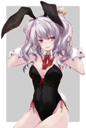 Rule 34 | 1girl, animal ears, black leotard, blue eyes, bow, bowtie, breasts, cowboy shot, detached collar, fake animal ears, grey background, hair ornament, kantai collection, kashima (kancolle), leotard, looking at viewer, medium breasts, playboy bunny, rabbit ears, rabbit tail, red bow, red bowtie, sidelocks, solo, strapless, strapless leotard, tail, tsurime, twintails, two-tone background, wavy hair, white hair, wrist cuffs, yumesato makura