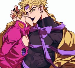 Rule 34 | 2boys, black lips, black nails, blonde hair, bound, bracelet, braid, bug, commentary request, dio brando, earrings, father and son, giorno giovanna, grabbing another&#039;s hair, headband, highres, incest, insect, jacket, jewelry, jojo no kimyou na bouken, ladybug, long hair, long sleeves, male focus, multiple boys, muscular, muscular male, parted lips, pectorals, pink jacket, purple ribbon, ribbon, ribbon bondage, shenshan laolin, simple background, smile, stardust crusaders, vento aureo, white background, yaoi, yellow eyes, yellow jacket